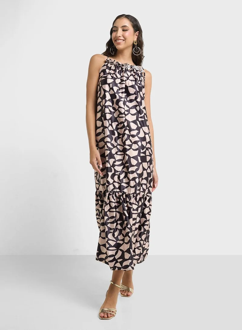 Ginger Printed Ruffle Maxi Dress