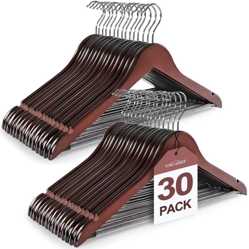 TOPIA HANGER Wooden Coat Hangers 30 Pack, Cherry Wood Suit Hangers with Non Slip Pants Bar, 360Â° Swivel Hook and Shoulder Notches for Camisole, Jacket, Pants, Smooth Finish Clothes Hangers - CT34M30 - Image 1