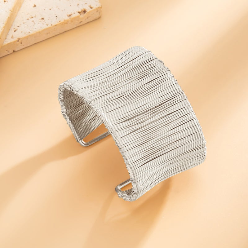 SHIXIN European and American Cross-Border Fashion Multi-Layer Wire Wrap Open Wide Bracelet with Striped Cross Spring Design - Image 4
