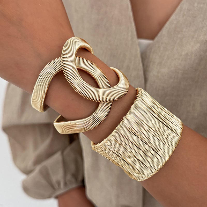 SHIXIN European and American Cross-Border Fashion Multi-Layer Wire Wrap Open Wide Bracelet with Striped Cross Spring Design - Image 1
