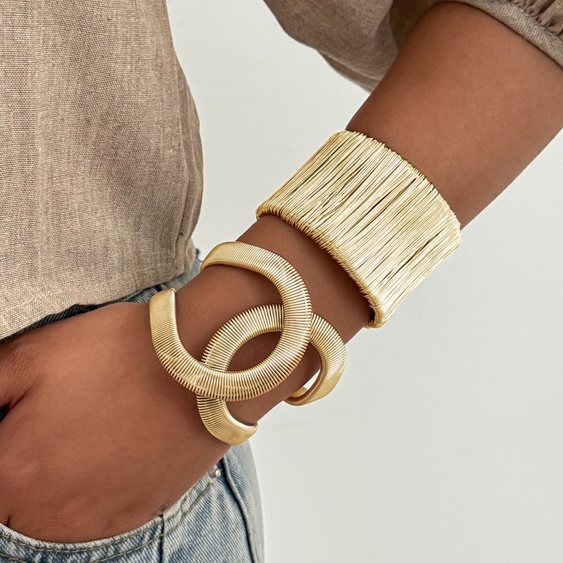 SHIXIN European and American Cross-Border Fashion Multi-Layer Wire Wrap Open Wide Bracelet with Striped Cross Spring Design - Image 3