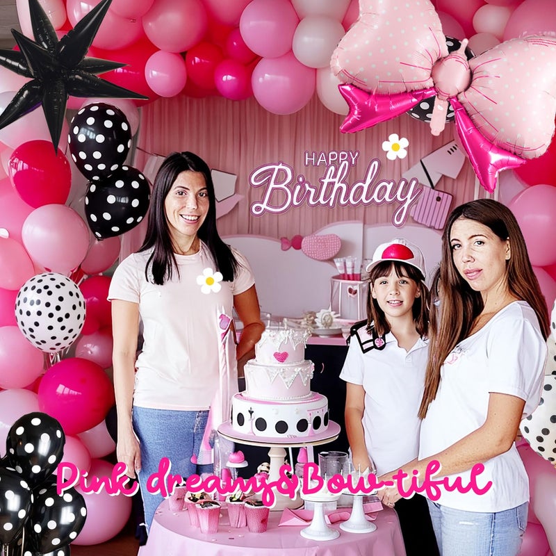 yeewaka Pink and black Bow Garland Arch Kit 130pcs Hot Pink and Polka Dot Balloon with Bow Black star Balloons for Girl Cartoon Birthday Princess Coquette birthday decorations - Image 5