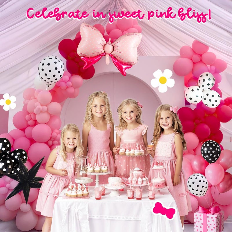 yeewaka Pink and black Bow Garland Arch Kit 130pcs Hot Pink and Polka Dot Balloon with Bow Black star Balloons for Girl Cartoon Birthday Princess Coquette birthday decorations - Image 4