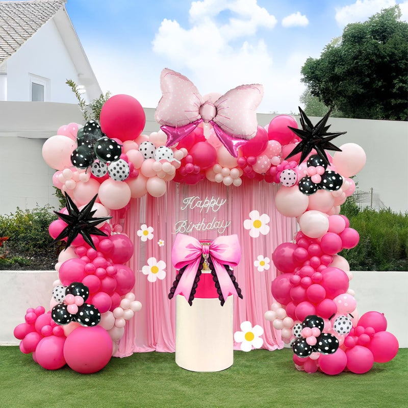 yeewaka Pink and black Bow Garland Arch Kit 130pcs Hot Pink and Polka Dot Balloon with Bow Black star Balloons for Girl Cartoon Birthday Princess Coquette birthday decorations - Image 1