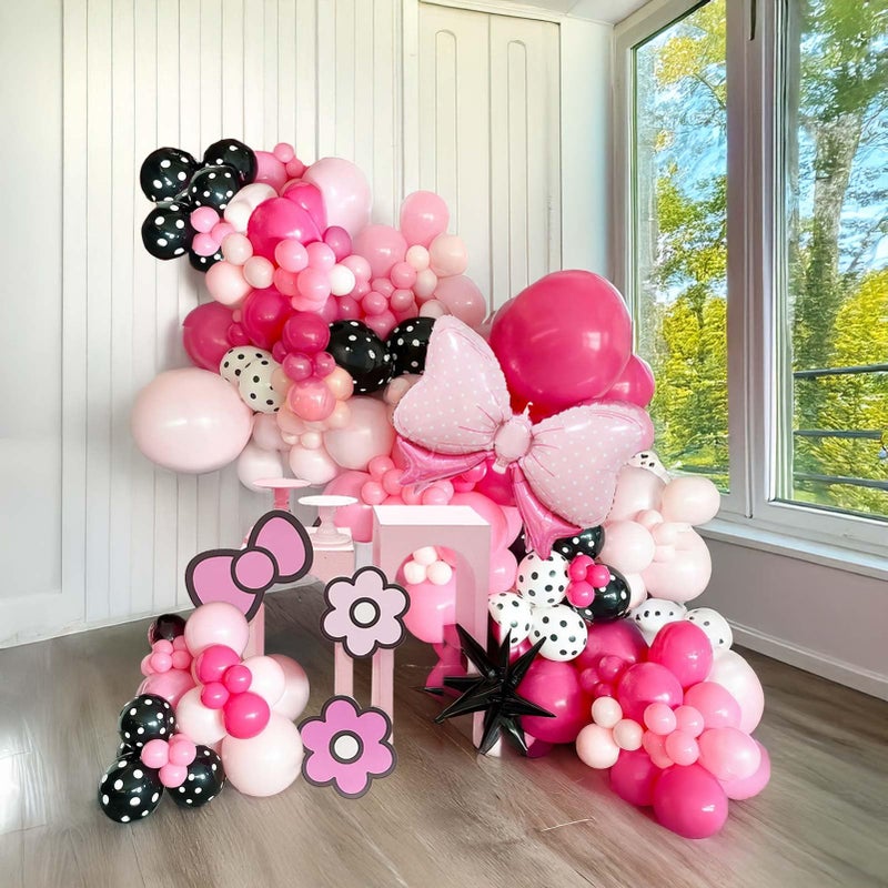 yeewaka Pink and black Bow Garland Arch Kit 130pcs Hot Pink and Polka Dot Balloon with Bow Black star Balloons for Girl Cartoon Birthday Princess Coquette birthday decorations - Image 3