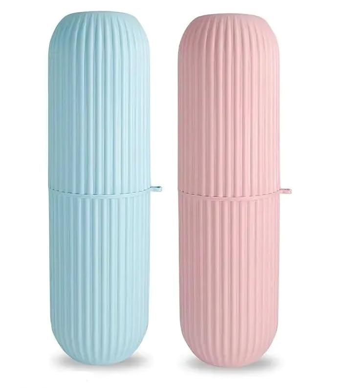 Generic Portable Capsule Shape Travel Toothbrush Case Holder Plastic Toothbrush Storage Set of 2 Pink and Blue  - Image 1