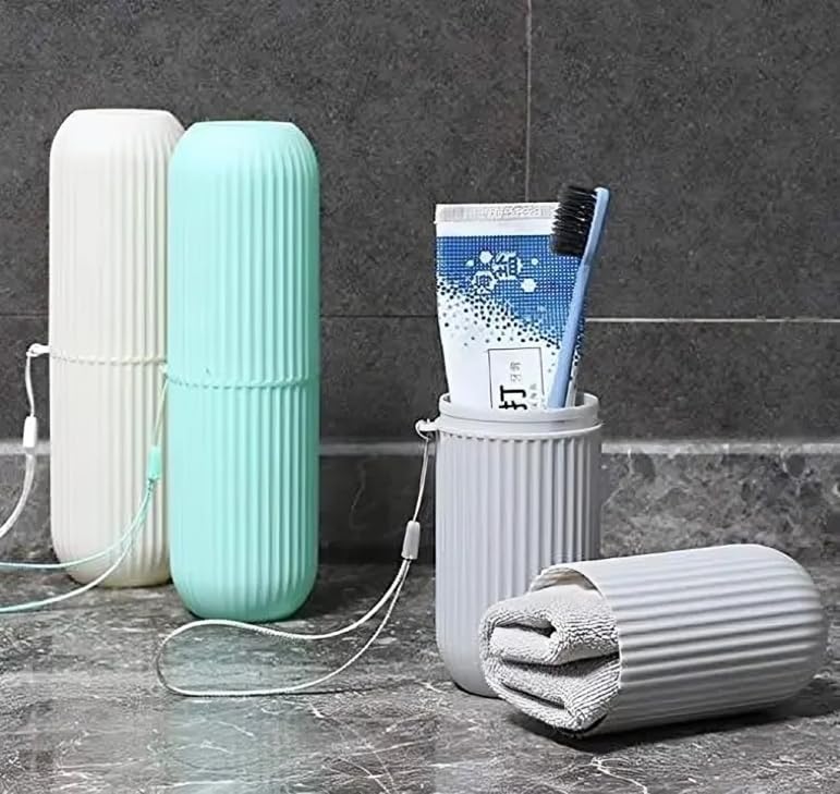 Generic Portable Capsule Shape Travel Toothbrush Case Holder Plastic Toothbrush Storage Set of 2 Pink and Blue  - Image 2