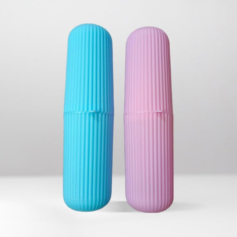 Generic Portable Capsule Shape Travel Toothbrush Case Holder Plastic Toothbrush Storage Set of 2 Pink and Blue  - Image 5