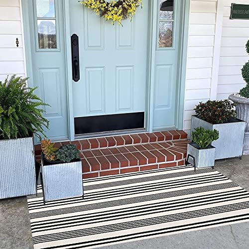 BUAGETUP Black and White Striped Outdoor Rug 24'' x 51''Farmhouse Front Porch Mat Hand-Woven Machine Washable Layered Door Mats for Entryway/Bedroom - Image 5