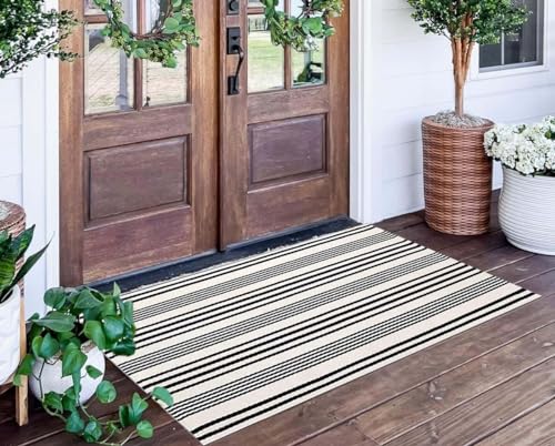 BUAGETUP Black and White Striped Outdoor Rug 24'' x 51''Farmhouse Front Porch Mat Hand-Woven Machine Washable Layered Door Mats for Entryway/Bedroom - Image 1