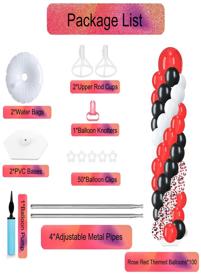 ام ال او ال ام طقم حامل أعمدة البالونات مكون من مجموعتين مع 100 بالون، حامل برج بالونات قابل للتعديل مع قواعد أرضية، قوس بالونات أزرق وذهبي لحفلات أعياد الميلاد وحفلات الزفاف والذكرى السنوية وحفلات التخرج (أسود وأحمر). - Image 2