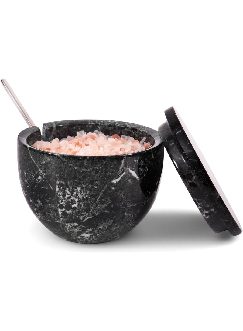 ام كي ملح رخامي أسود بغطاء وملعقة | وعاء توابل وسكر مصنوع يدويًا، سعة 4.7 أونصة، مناسب للطاولة - Image 1