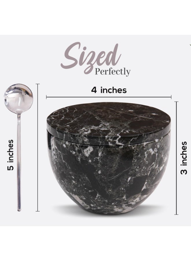 ام كي ملح رخامي أسود بغطاء وملعقة | وعاء توابل وسكر مصنوع يدويًا، سعة 4.7 أونصة، مناسب للطاولة - Image 2