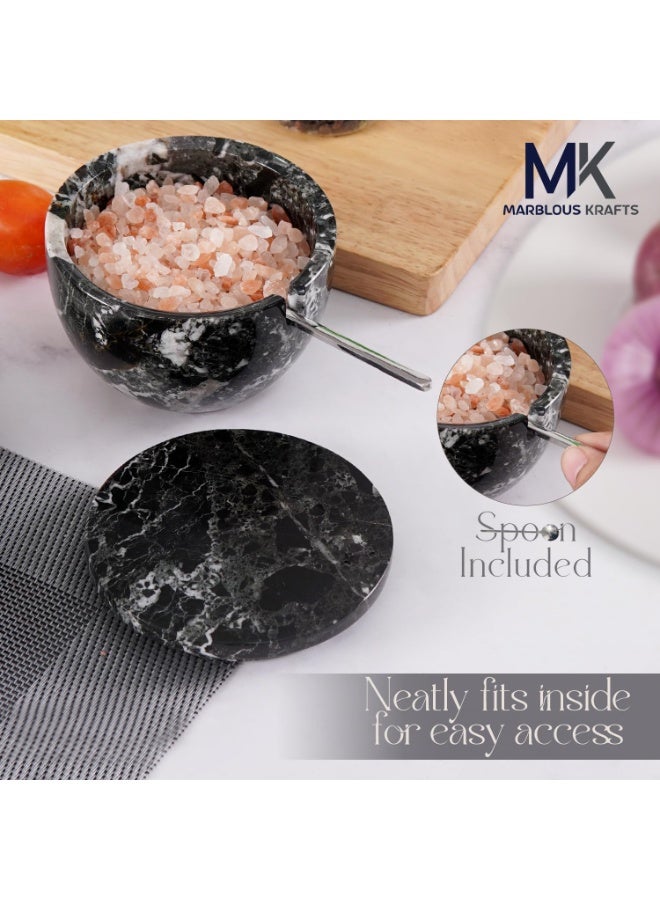 ام كي ملح رخامي أسود بغطاء وملعقة | وعاء توابل وسكر مصنوع يدويًا، سعة 4.7 أونصة، مناسب للطاولة - Image 3