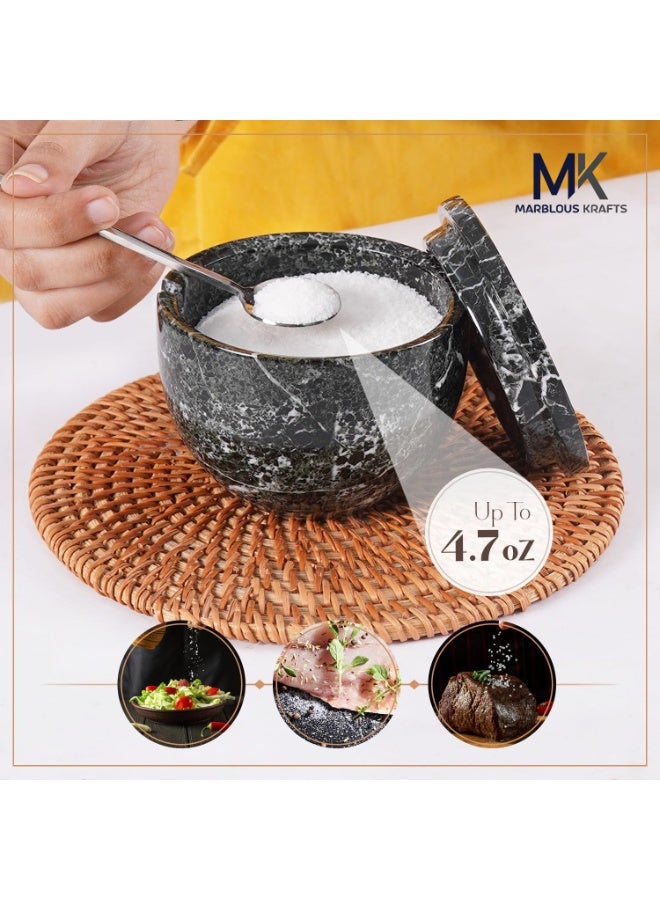 ام كي ملح رخامي أسود بغطاء وملعقة | وعاء توابل وسكر مصنوع يدويًا، سعة 4.7 أونصة، مناسب للطاولة - Image 4