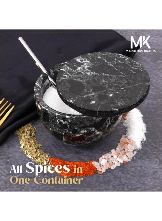 ام كي ملح رخامي أسود بغطاء وملعقة | وعاء توابل وسكر مصنوع يدويًا، سعة 4.7 أونصة، مناسب للطاولة - Image 5