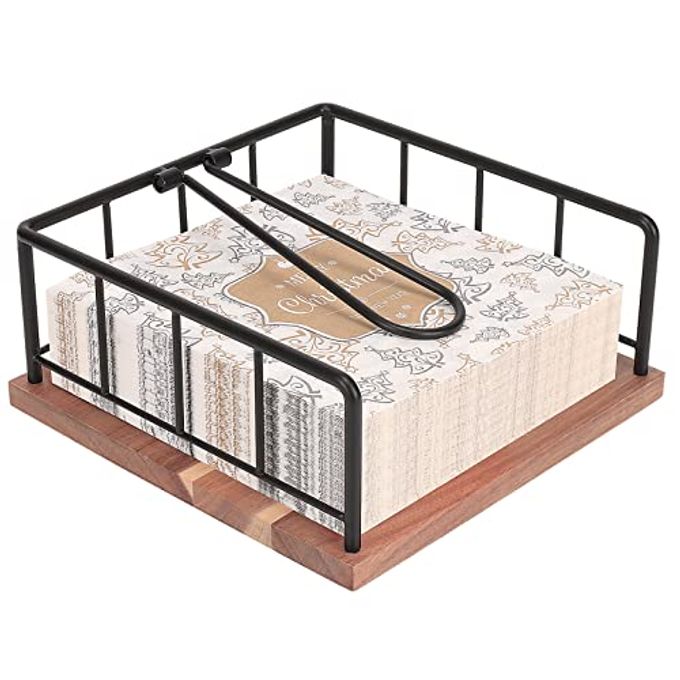 FLAT NAPKIN HOLDER METAL KITCHEN NAPKIN STORAGE WITH WEIGHTED TENSION ARM RUSTIC TISSUE PAPER DISPENSER FOR COUNTERTOP TABLE KITCHEN DINING ROOM WITH WOODEN BASE BLACK
