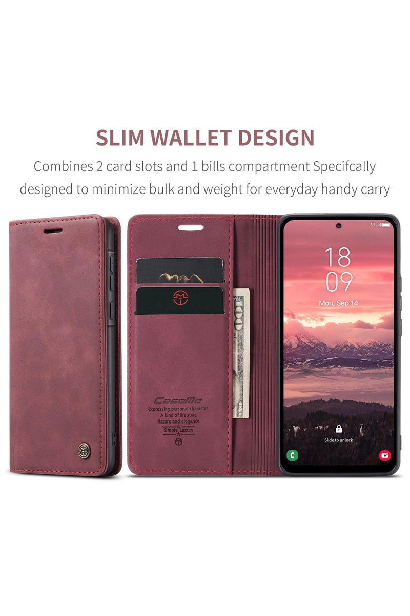 CaseMe Samsung Galaxy A36 5G Wallet Case Book Folding Flip Folio Case with Magnetic Kickstand Card Slots Protective Cover - Wine Red - Image 2