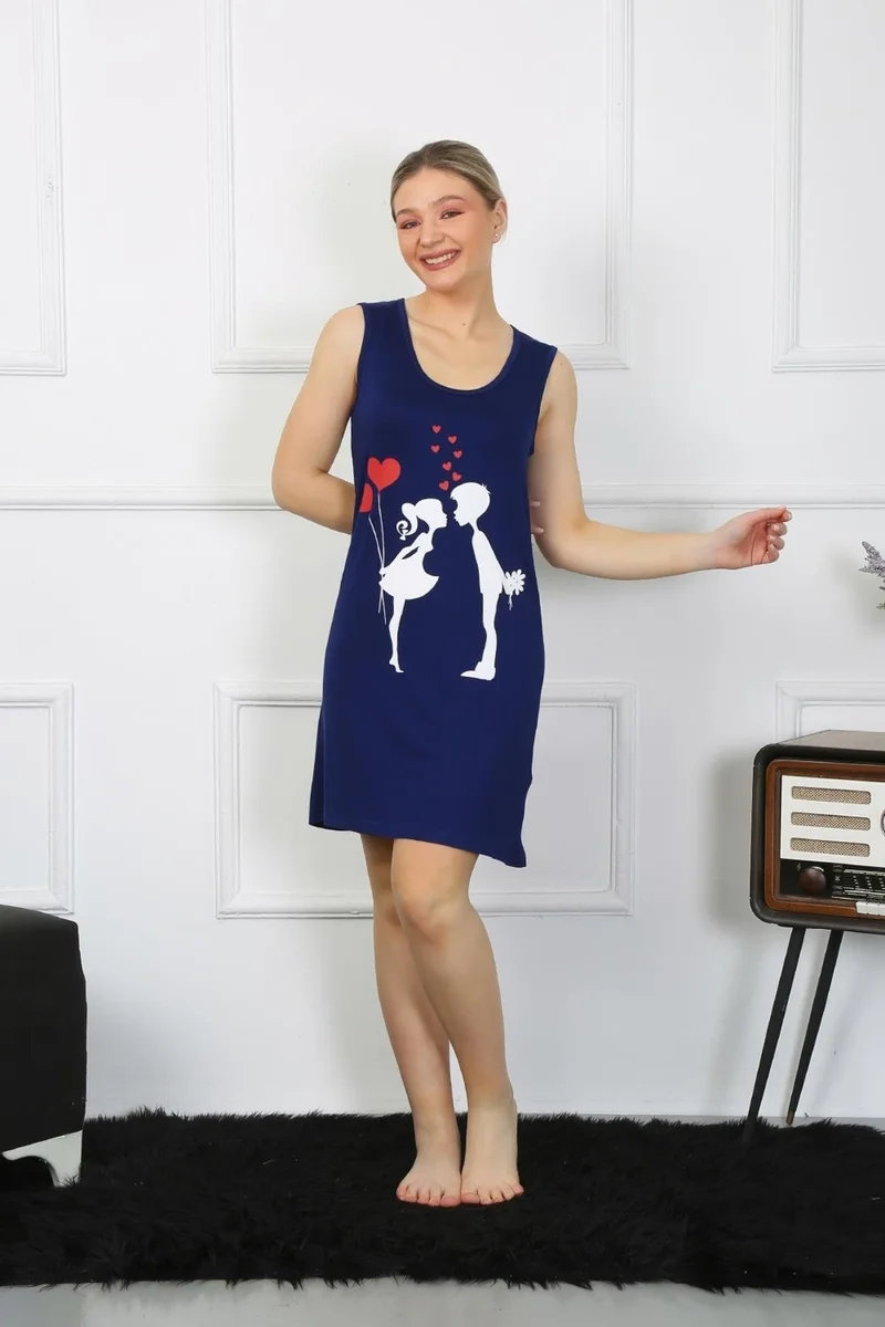 Akbeniz Women's Thick Strap Combed Cotton Above Knee Navy Blue Nightgown 11310