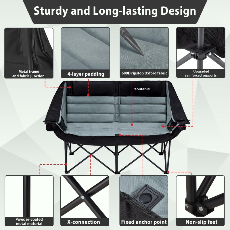 Youtanic Heated Camping Chair, 3 Heat Levels Oversized Padded Lawn Chair with Side Pockets and Cup Holder, Outdoor Heating Folding Camp Chair for Adults, Fishing, Sports, Picnic, up to 500lbs, Style 4 - Image 4