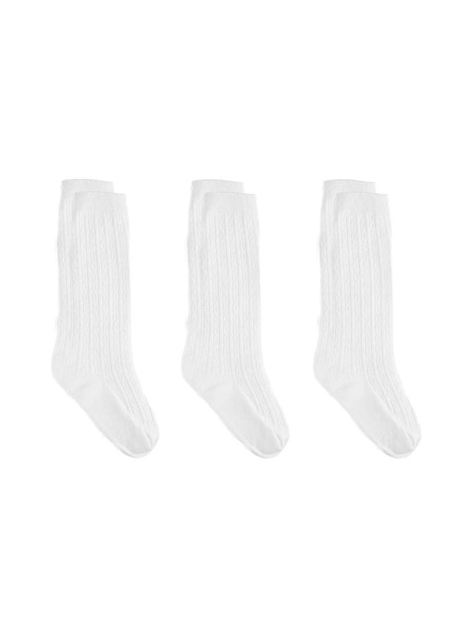 Yenzat Toddler Knee High Socks Cable Knit Long Stockings Baby Girls Boys White 2T-3T 3 Pairs - Image 1