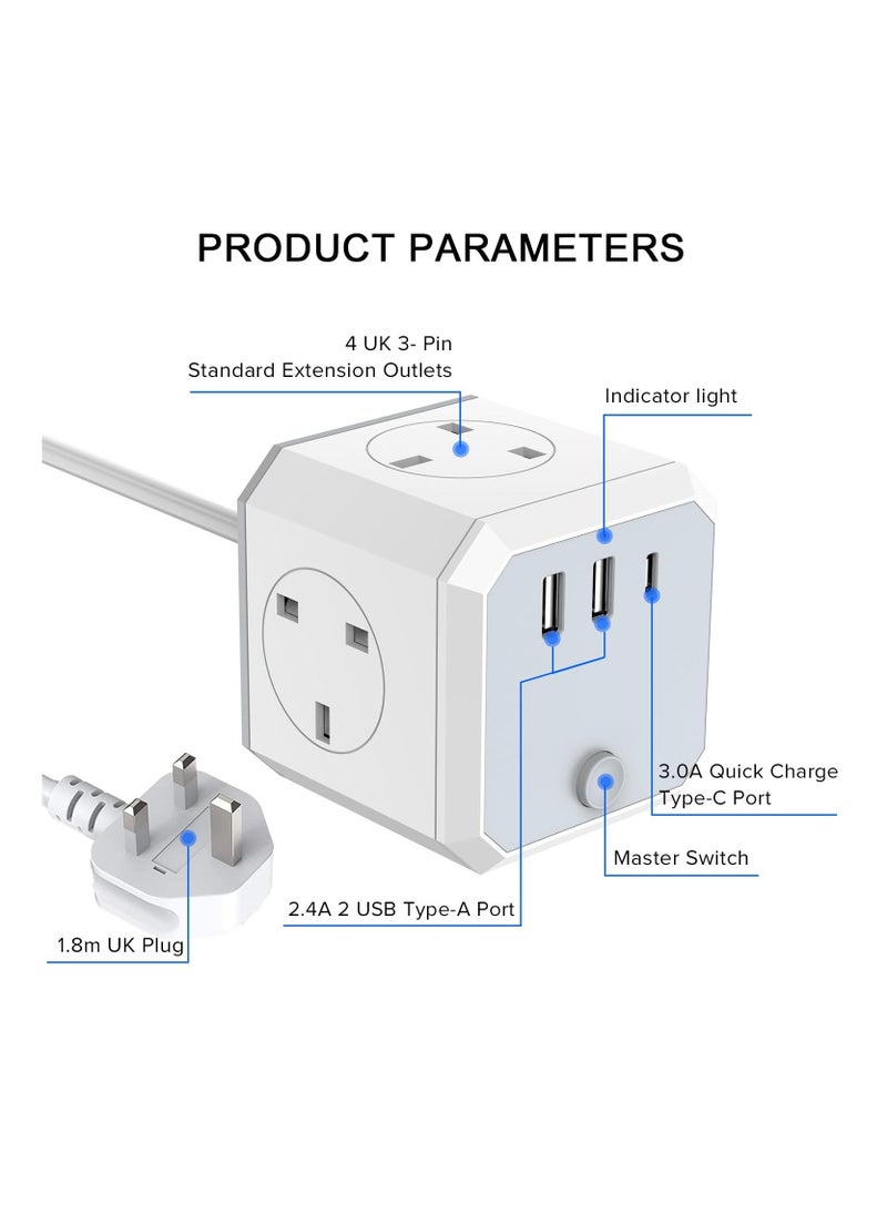 Anmi Multi Plug Extension Lead,4 Way 4 UK Standard Plugs Socket adapter,1.8M Extension Cord,2 USB,1 Type C Ports (5V/3.4A Max) for Home Dorm Office Travel  - Image 2