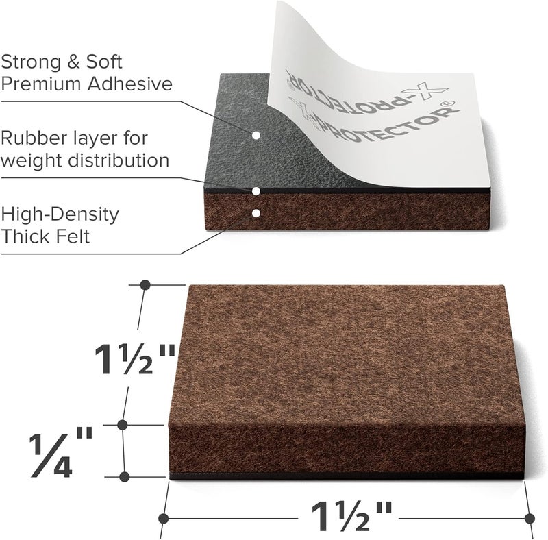 X-Protector 24 Heavy-Duty Felt Furniture Pads 1.5” 1/4” Thick ! Square Felt Pads for Furniture Feet - The Best Felt Floor Protectors for Furniture to Prevent Scratches. Protect Your Hard Floor! (Brown) - Image 3