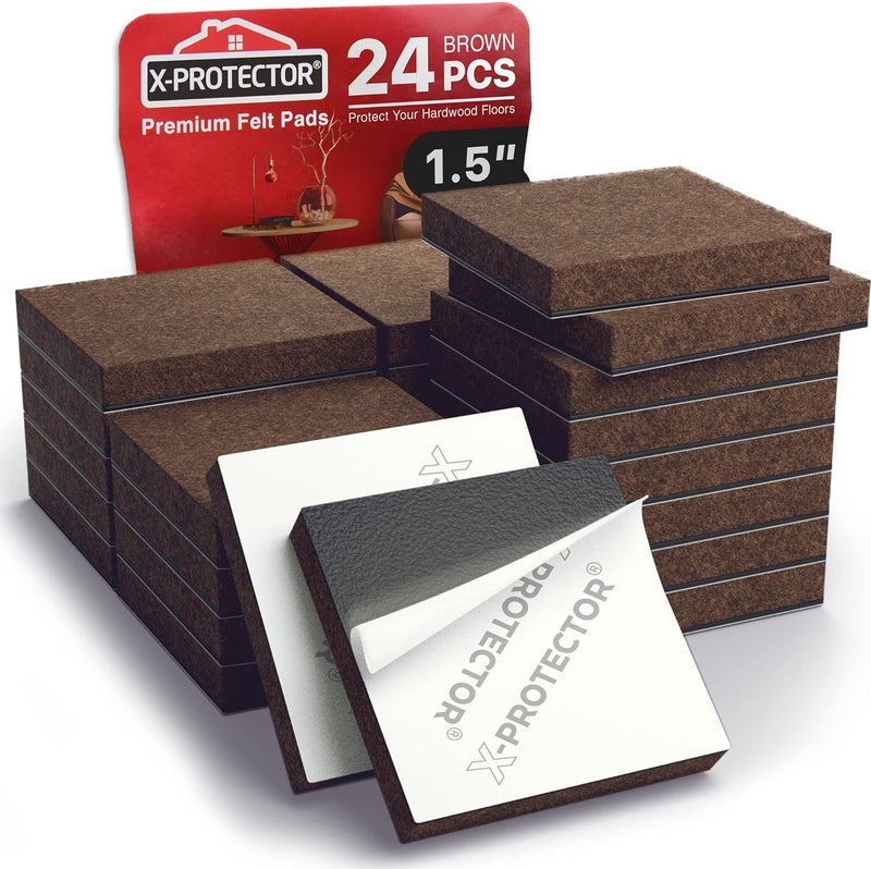X-Protector 24 Heavy-Duty Felt Furniture Pads 1.5” 1/4” Thick ! Square Felt Pads for Furniture Feet - The Best Felt Floor Protectors for Furniture to Prevent Scratches. Protect Your Hard Floor! (Brown) - Image 1