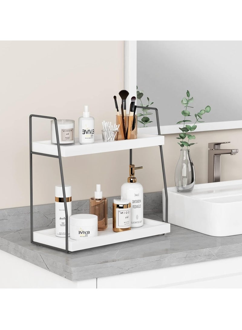 2 Tier Bathroom Counter Organizer, White and Grey Coffee Bar Organizer for Countertop, Wood Shelf Tray for Vanity Makeup Storage, Small Kitchen Sink Top Organizers for Coffee Bar Station - Image 3