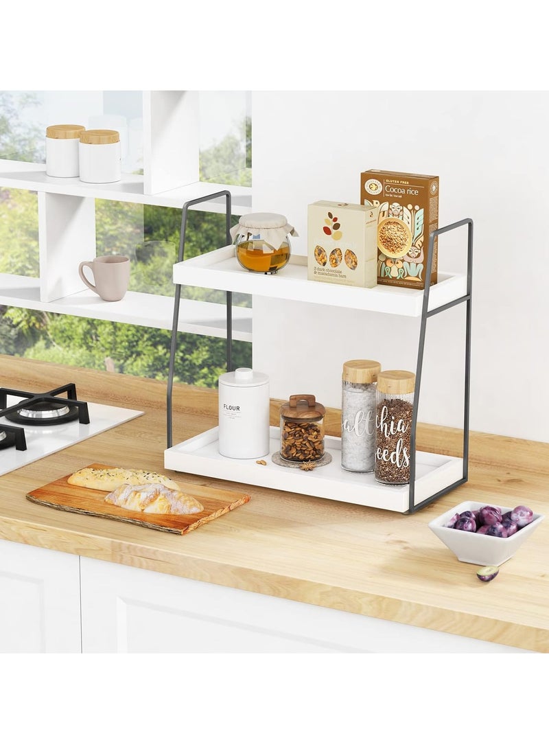 2 Tier Bathroom Counter Organizer, White and Grey Coffee Bar Organizer for Countertop, Wood Shelf Tray for Vanity Makeup Storage, Small Kitchen Sink Top Organizers for Coffee Bar Station - Image 2