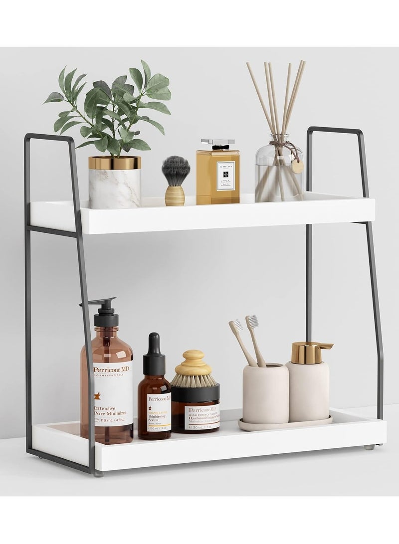 2 Tier Bathroom Counter Organizer, White and Grey Coffee Bar Organizer for Countertop, Wood Shelf Tray for Vanity Makeup Storage, Small Kitchen Sink Top Organizers for Coffee Bar Station - Image 1