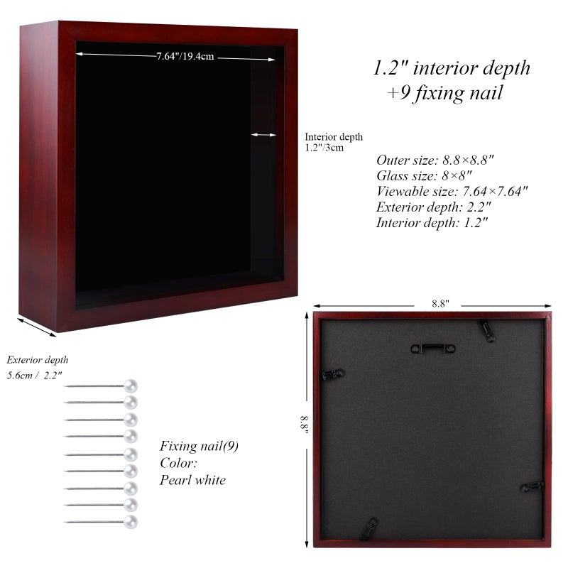 1DOT2 8x8 Shadow Box Frame with Linen Back  Pine Wood Frame with HD Glass Display Case for Wall and Tabletop 1.2  Interior Depth for Flower  Medals  Tickets  Photos-White - Image 3