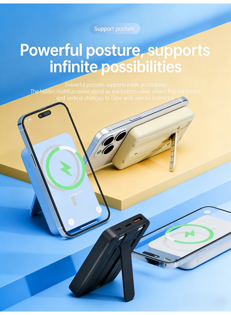 10000mAh Magnetic Power Bank, Portable Wireless Charger with Foldable Kickstand & Built-in Cables, Fast Charging Battery Pack for iPhone 16/15/14/13 Series and Smartphones (Beige/White) - Image 5