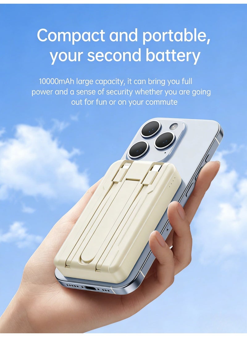 10000mAh Magnetic Power Bank, Portable Wireless Charger with Foldable Kickstand & Built-in Cables, Fast Charging Battery Pack for iPhone 16/15/14/13 Series and Smartphones (Beige/White) - Image 2
