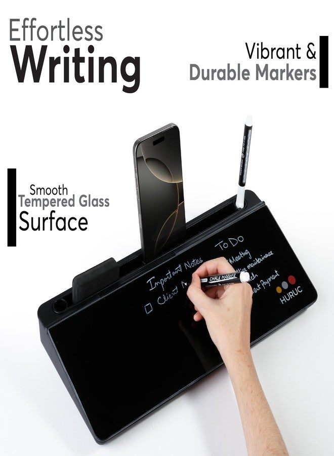 HURUC Small Glass Desktop Whiteboard with Storage,15.3"x7.08"x2.16" inch Desktop Dry Erase Board with Markers & Duster, Desk White Board Buddy Organizer for Home, Office, School (Black) - Image 2