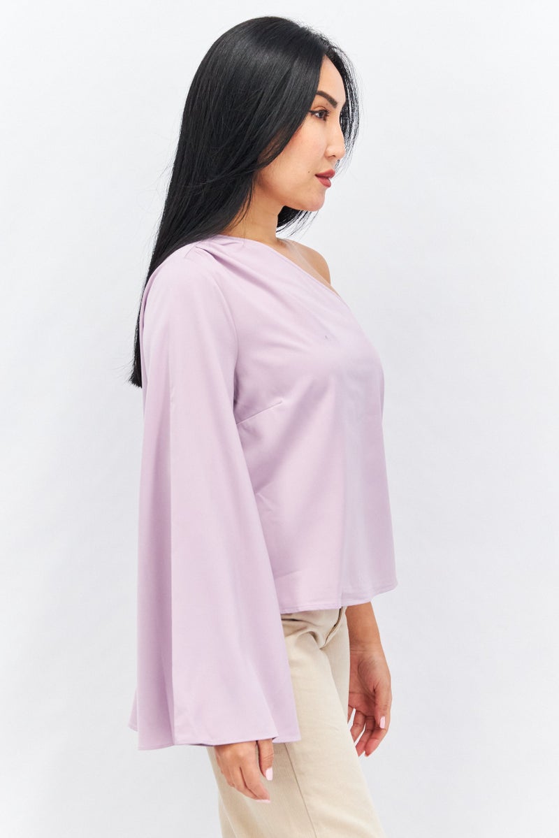 PRETTY LAVISH Women Asymmetrical Neck One Sleeve Solid Blouse, Lilac - Image 4