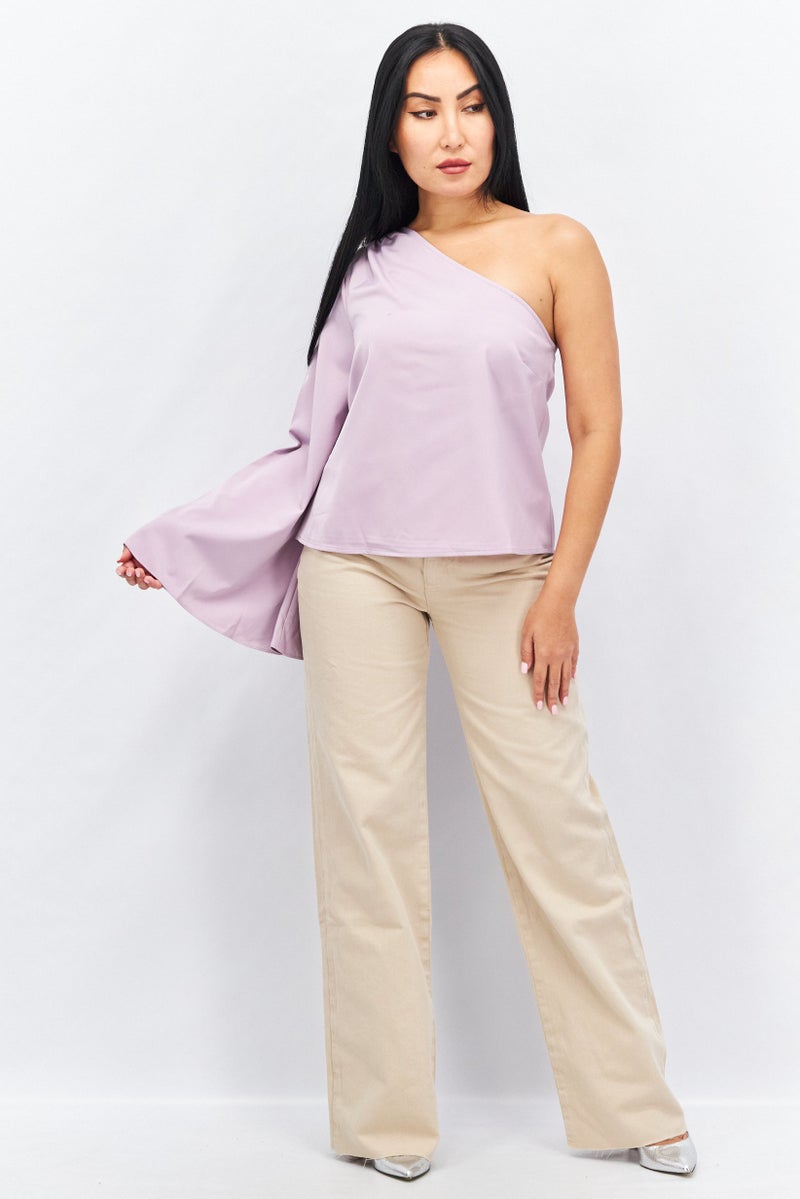 PRETTY LAVISH Women Asymmetrical Neck One Sleeve Solid Blouse, Lilac - Image 3