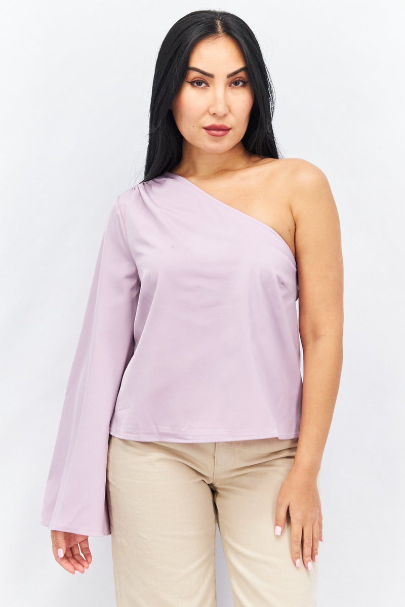 PRETTY LAVISH Women Asymmetrical Neck One Sleeve Solid Blouse, Lilac - Image 1