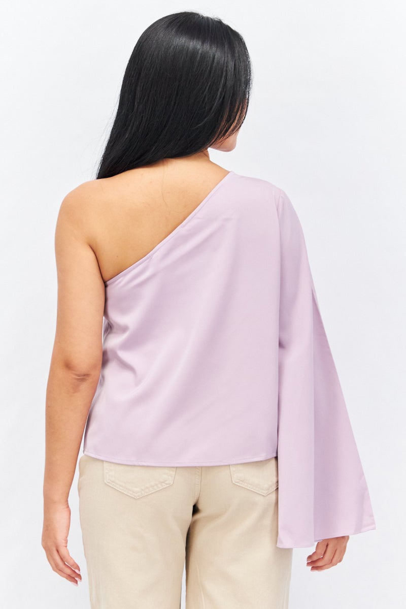 PRETTY LAVISH Women Asymmetrical Neck One Sleeve Solid Blouse, Lilac - Image 2