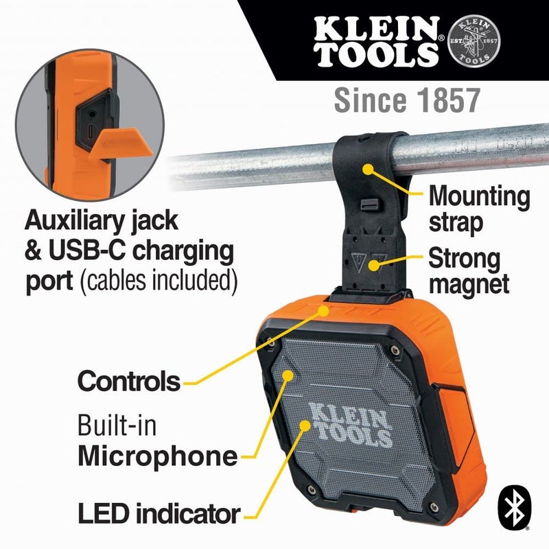 KLEIN TOOLS AEPJS2 Bluetooth Speaker with Magnetic Strip and Hook, Rechargeable, Wireless and Aux Capable, Hands Free Capable, 10 Hr Run Time, IP54 Dust and Water Resistant - Image 2