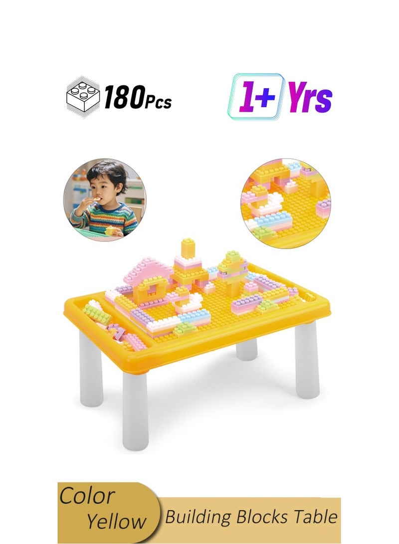 Building block table, children's building block activity table, toddler multifunctional educational learning building block table, children's activity table with storage space, multifunctional activity table, children's furniture for boys and girls, suitable for 0-3 years old, 180 building blocks (yellow)  - Image 1