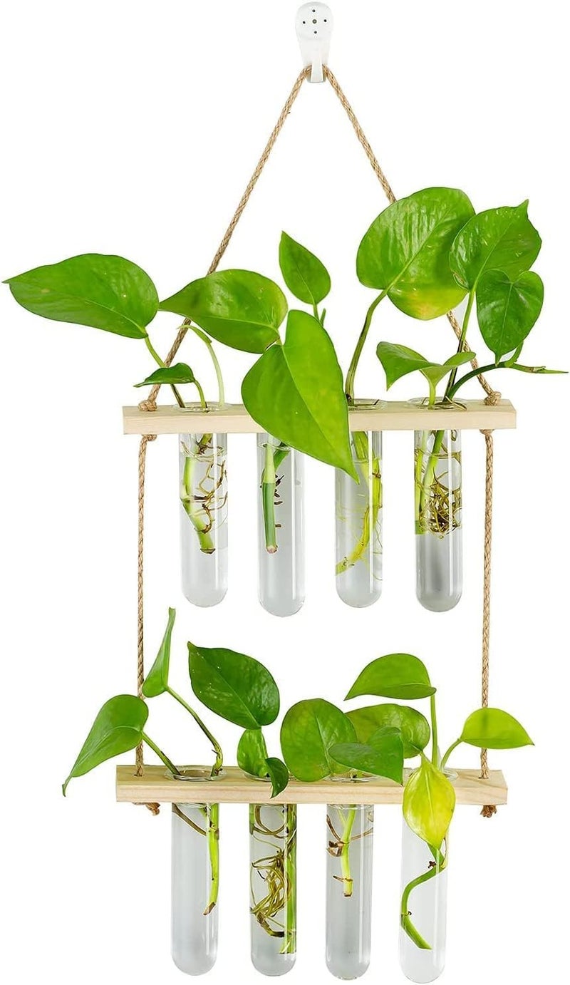 Luckam Hanging Propagation Station for Plants, 2 Layer Wall Hanging Wooden Nordic Creative Hydroponic Test Tube, for Home Office Wall Hanging Decoration, 8 Test Tubes - Image 1