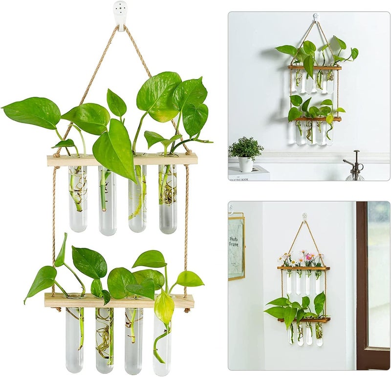Luckam Hanging Propagation Station for Plants, 2 Layer Wall Hanging Wooden Nordic Creative Hydroponic Test Tube, for Home Office Wall Hanging Decoration, 8 Test Tubes - Image 3