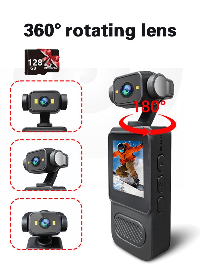 HD Wearable Sports Camera，180° Rotatable Lens + Back-Clip Design  Dual LED Lights 1.54-Inch Display with 128G TF Card Slot/USB Charging, for Outdoor Adventures/Travel/Vlog (Black) - Image 1