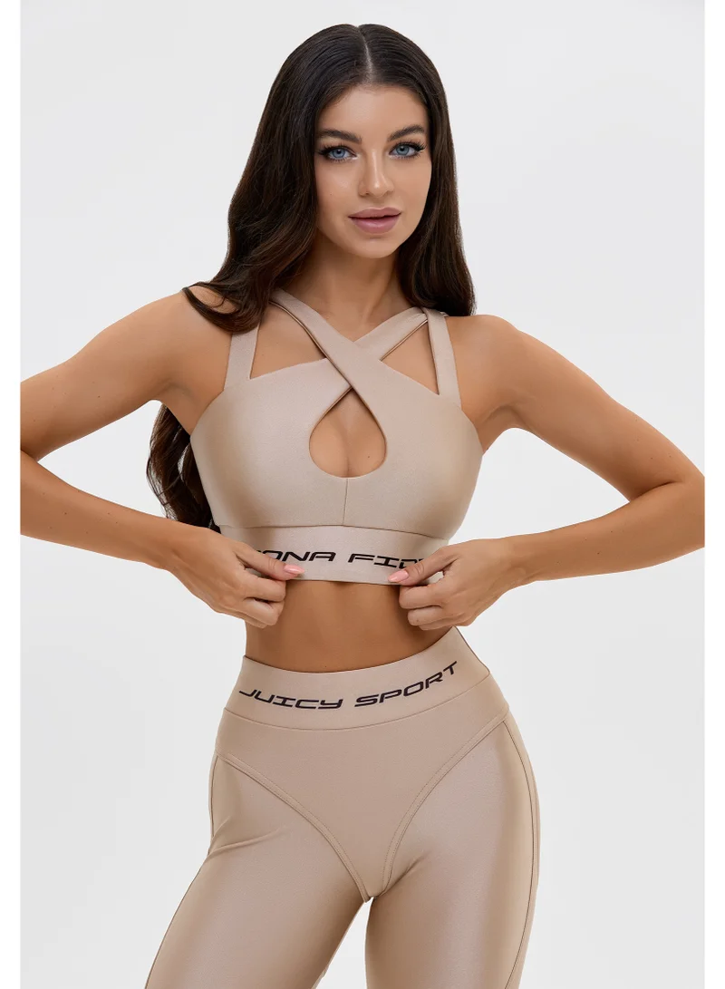 Bona Fide Premium High Impact Sports Bra for Women - Cross-Front Stylish Gym Top with High Support for Running, Fitness, Yoga & Workout - Breathable Athletic Push Up Crop Top - Beige