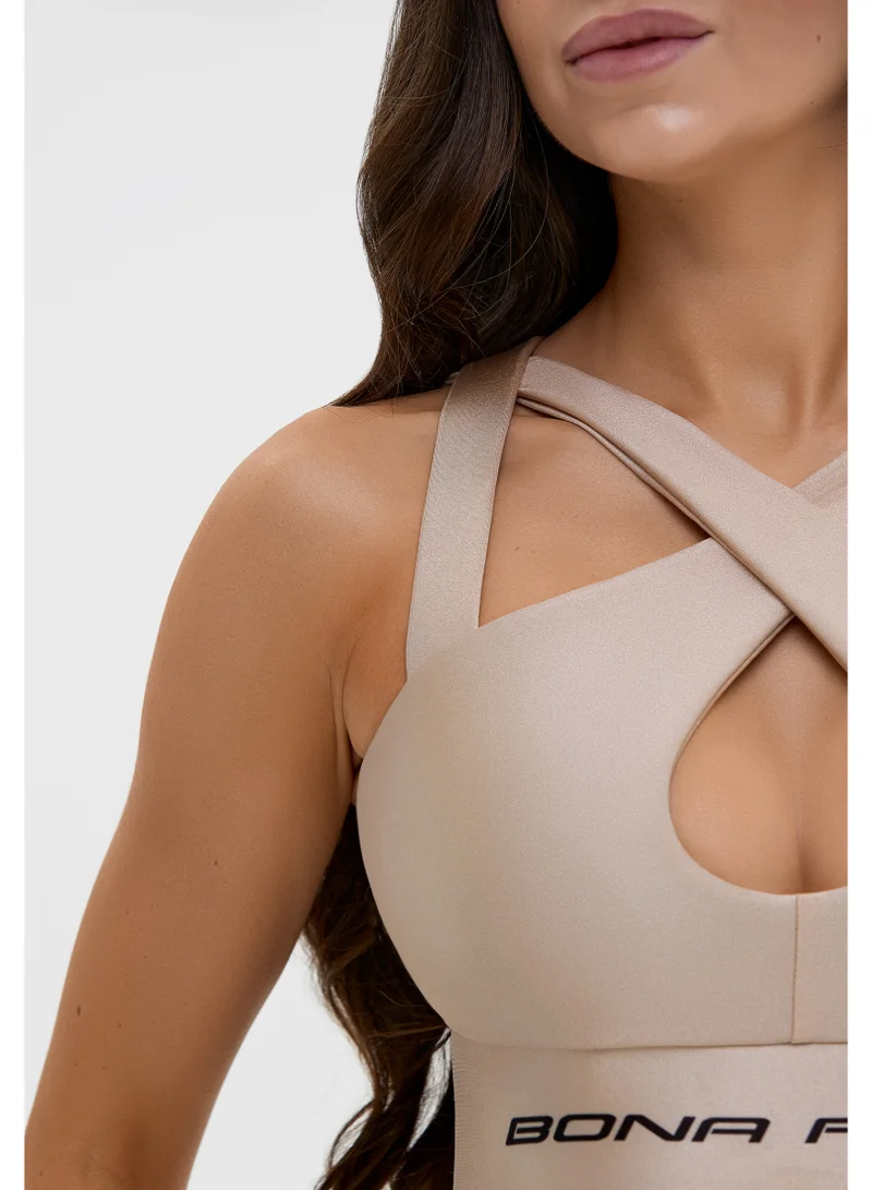 بونا فيدي حمالة صدر رياضية بونا فايد فاخرة عالية التأثير للنساء - توب جيم أنيق بظهر متقاطع ودعم عالي للجري واللياقة البدنية واليوغا والتمرين - توب رياضي قصير مسامي بتصميم بوش أب - بيج