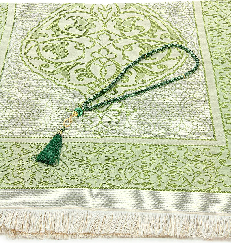 ايهفان اونلاين Ihvan Online Dowry Prayer Rug Set with Pearl Prayer Beads and Gift Box Suitable for the Bride and Groom's Bundle Green