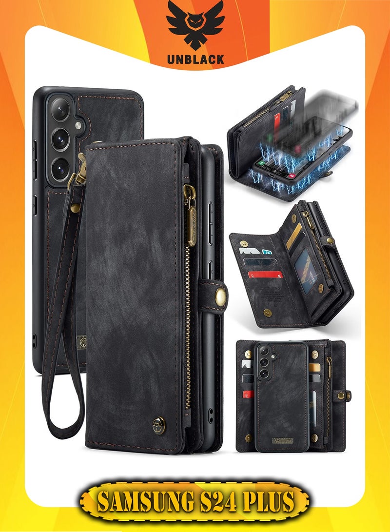 CaseMe Protective Phone Cover Case Wallet Case For Samsung Galaxy S24 Plus, 2 in 1 Detachable Premium Leather Magnetic Zipper Pouch Wristlet Flip Phone Case (Black) - Image 1
