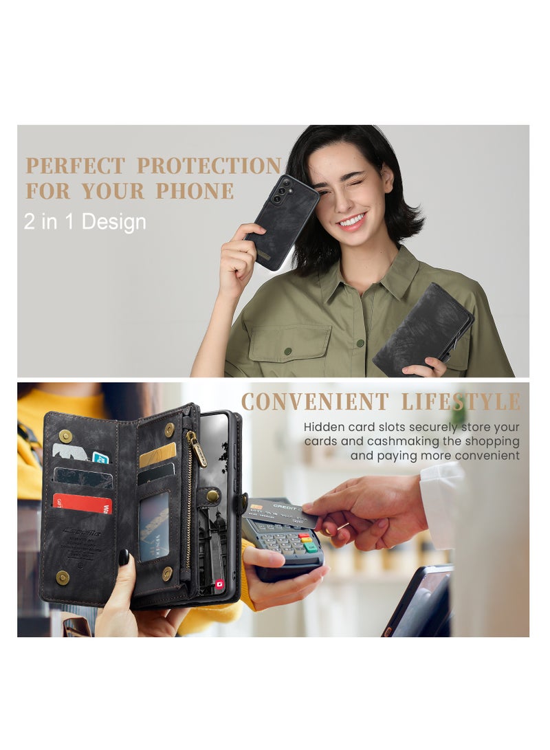 CaseMe Protective Phone Cover Case Wallet Case For Samsung Galaxy S24 Plus, 2 in 1 Detachable Premium Leather Magnetic Zipper Pouch Wristlet Flip Phone Case (Black) - Image 3