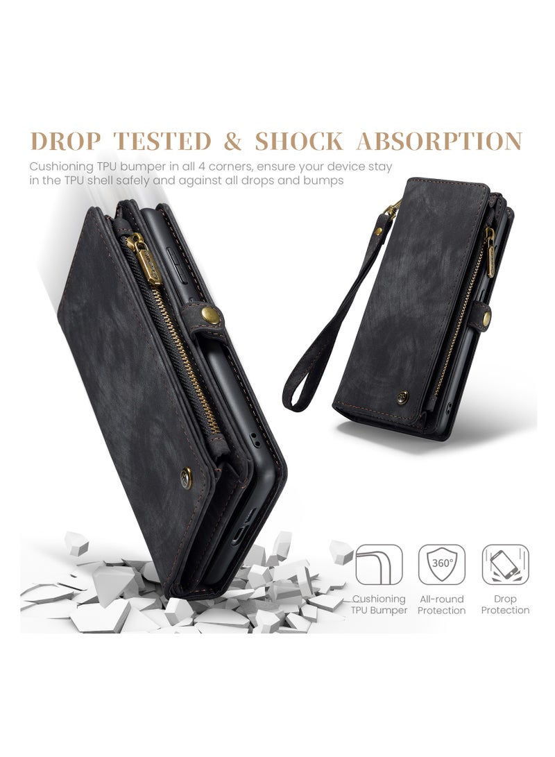 CaseMe Protective Phone Cover Case Wallet Case For Samsung Galaxy S24 Plus, 2 in 1 Detachable Premium Leather Magnetic Zipper Pouch Wristlet Flip Phone Case (Black) - Image 5